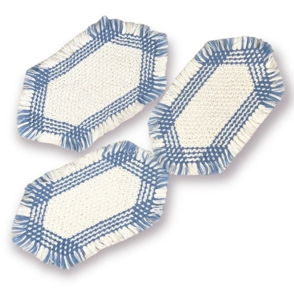 Vintage Woven Fringe Hot Pads Set of Three White and Blue Yarn Potholders Trivet